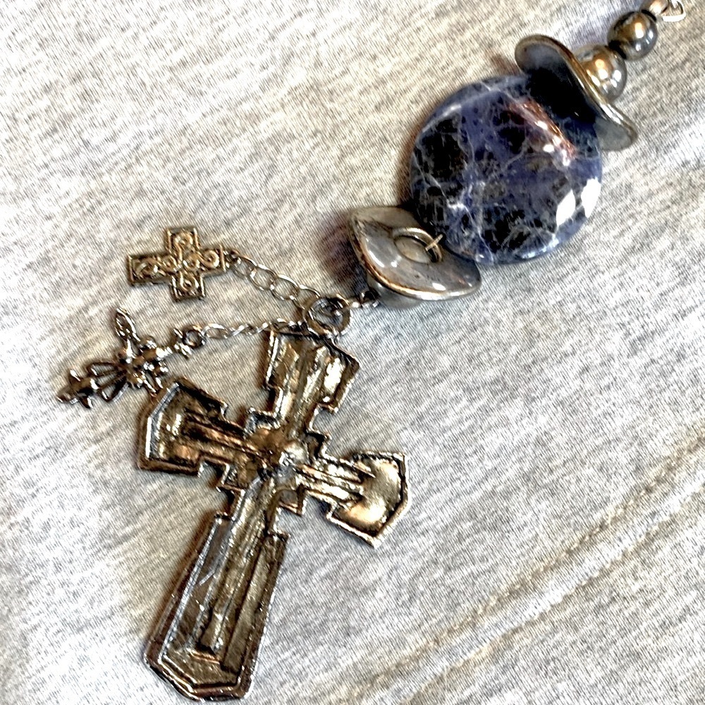 SILVER CROSS artisan Necklace, blue/silver beads, chain/long leather cord. EUC - Picture 7 of 12
